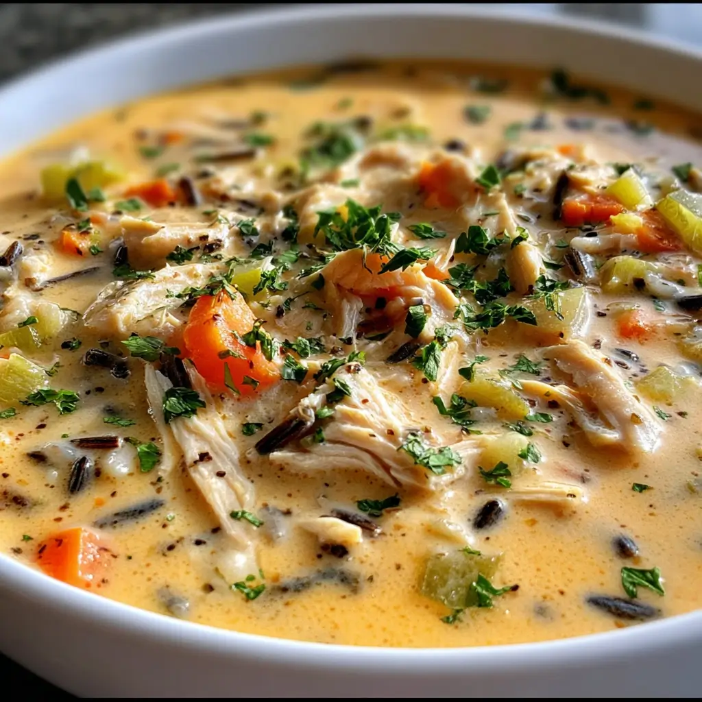 Leftover Turkey & Wild Rice Creamy Soup in white bowl with carrots and celery