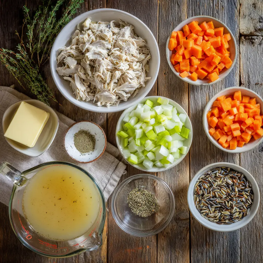 Ingredients for Leftover Turkey & Wild Rice Creamy Soup on a kitchen counter