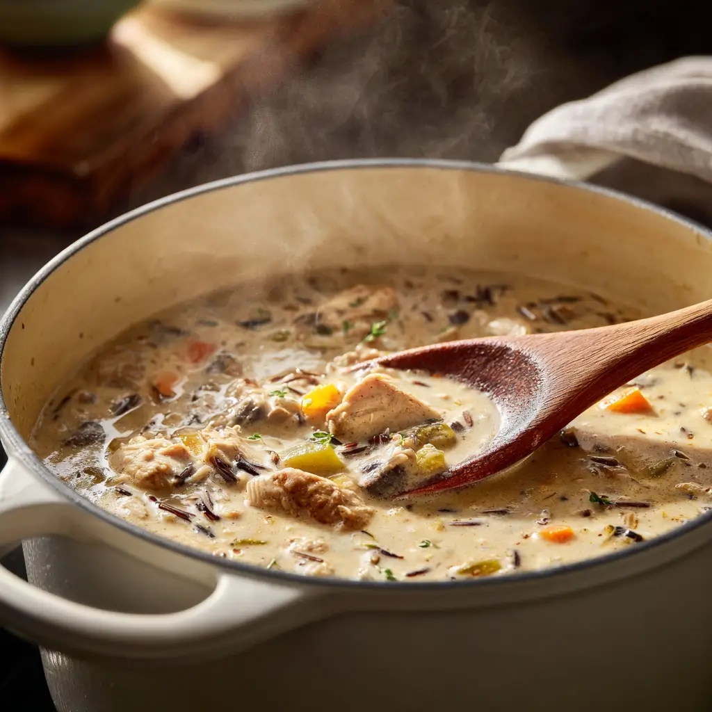 Reheating leftover turkey and wild rice creamy soup on the stovetop
