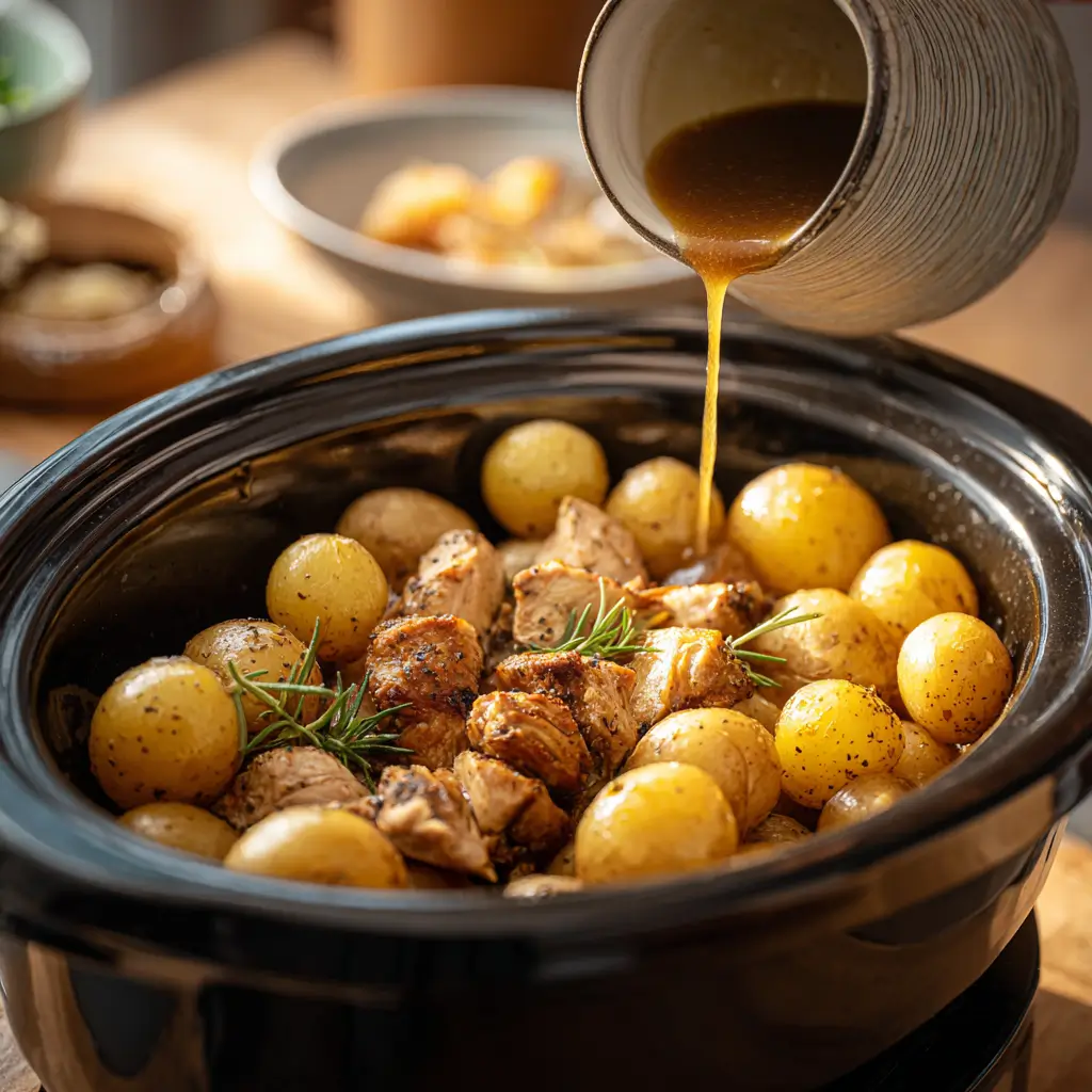 Crockpot with maple rosemary chicken and potatoes being prepared