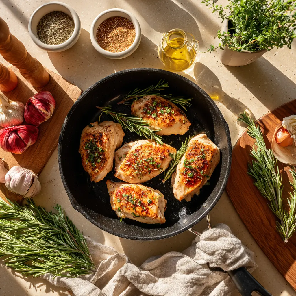 Searing chicken for maple rosemary chicken and potatoes with herbs nearby