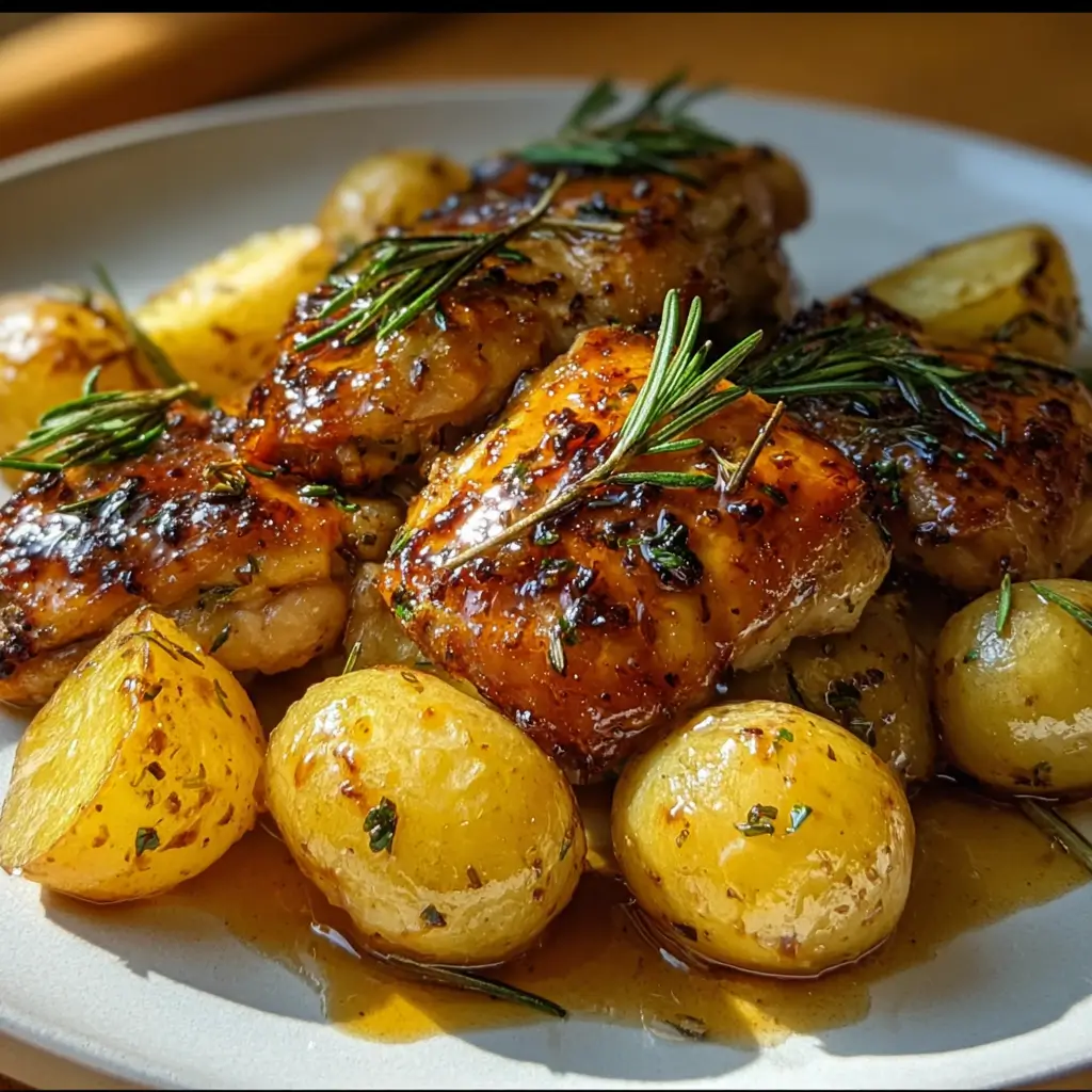Maple rosemary chicken and potatoes served with golden glaze and fresh herbs
