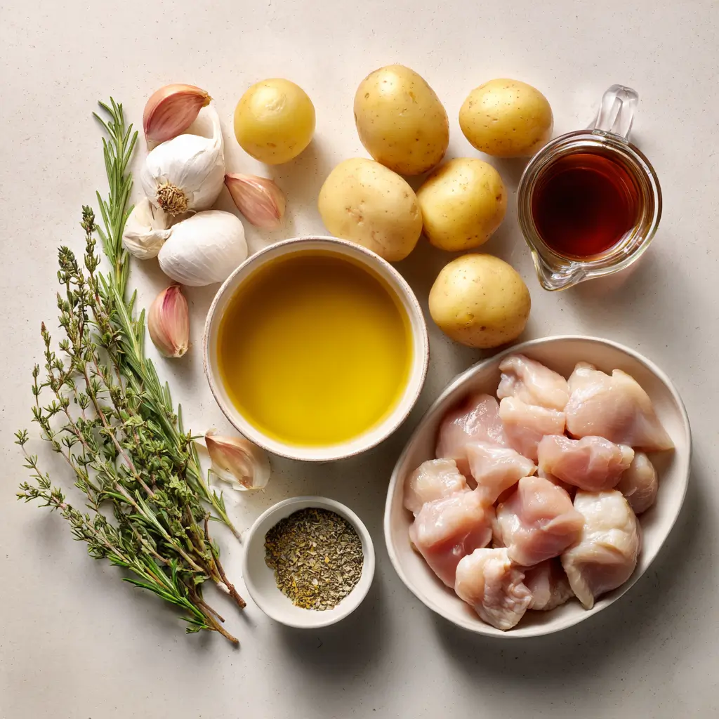 Ingredients for maple rosemary chicken and potatoes laid out simply