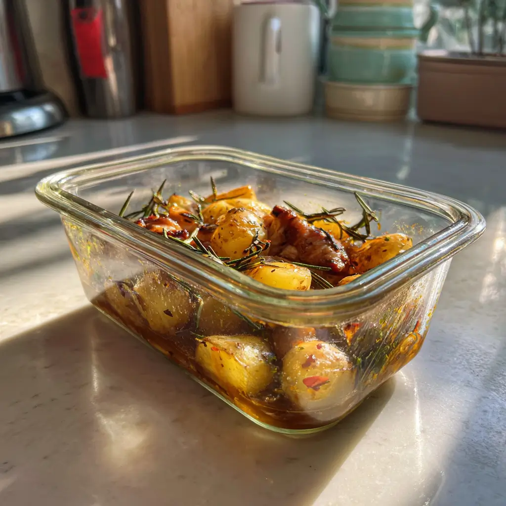 Leftover maple rosemary chicken and potatoes stored in a glass container