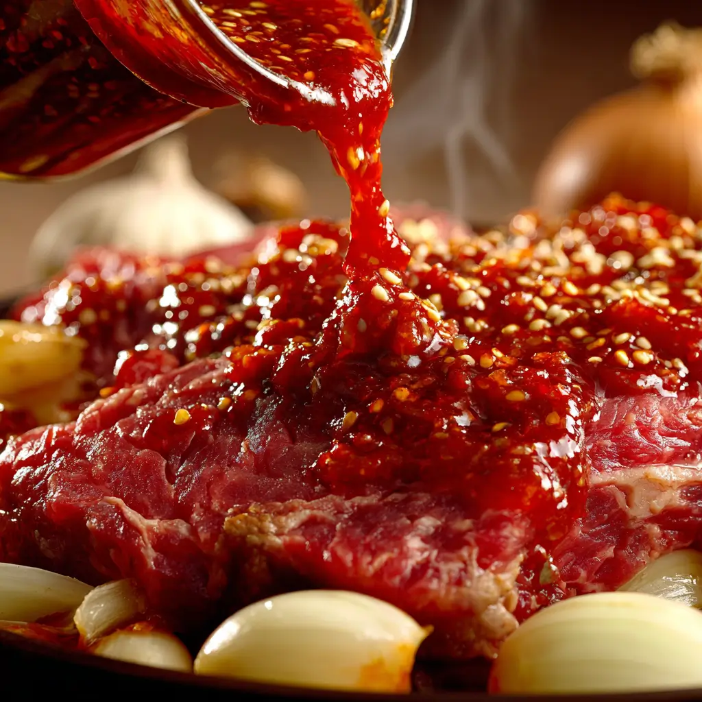 Pouring gochujang sauce over beef in a crockpot before slow cooking.