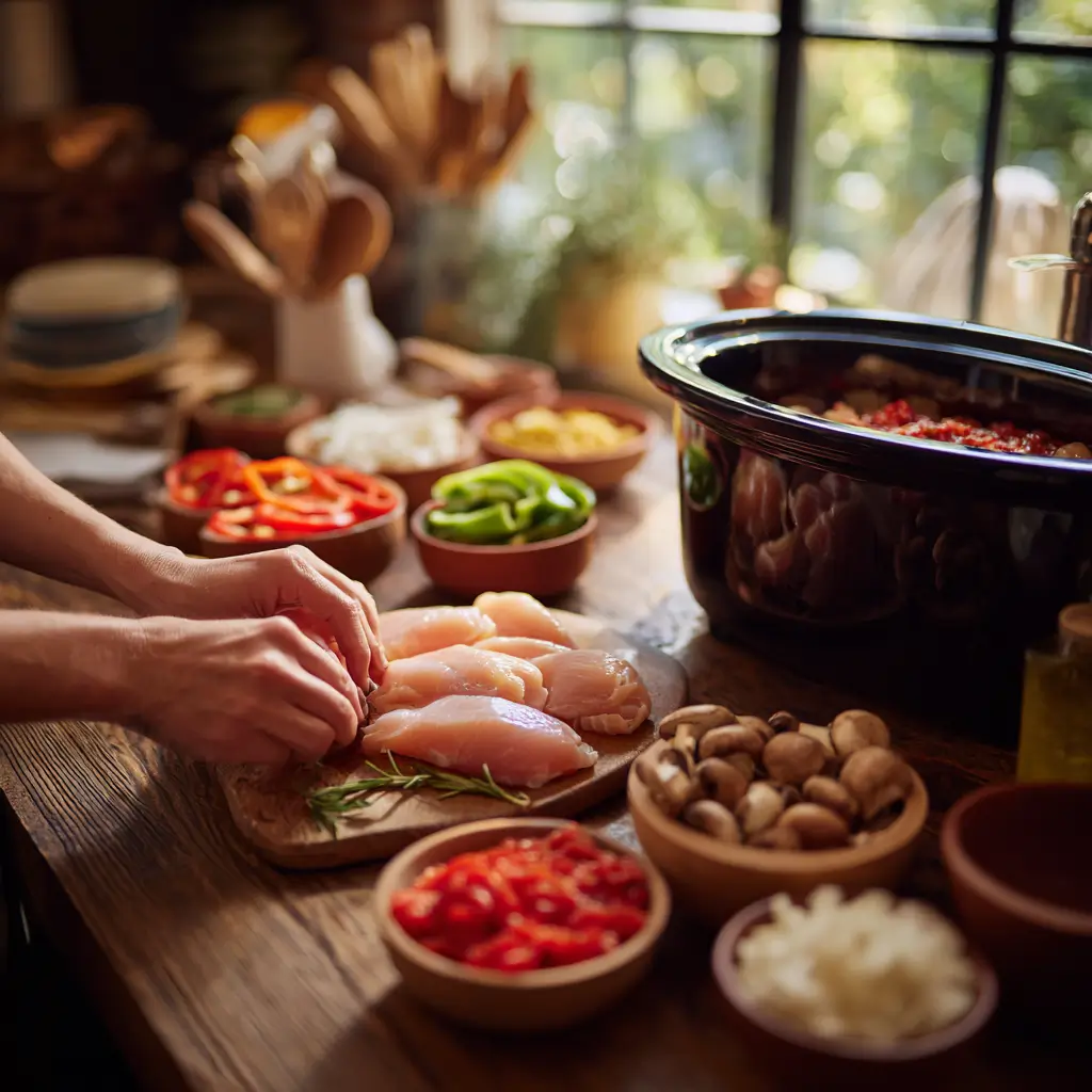 Preparing Crockpot Chicken Cacciatore with fresh vegetables and chicken in a slow cooker