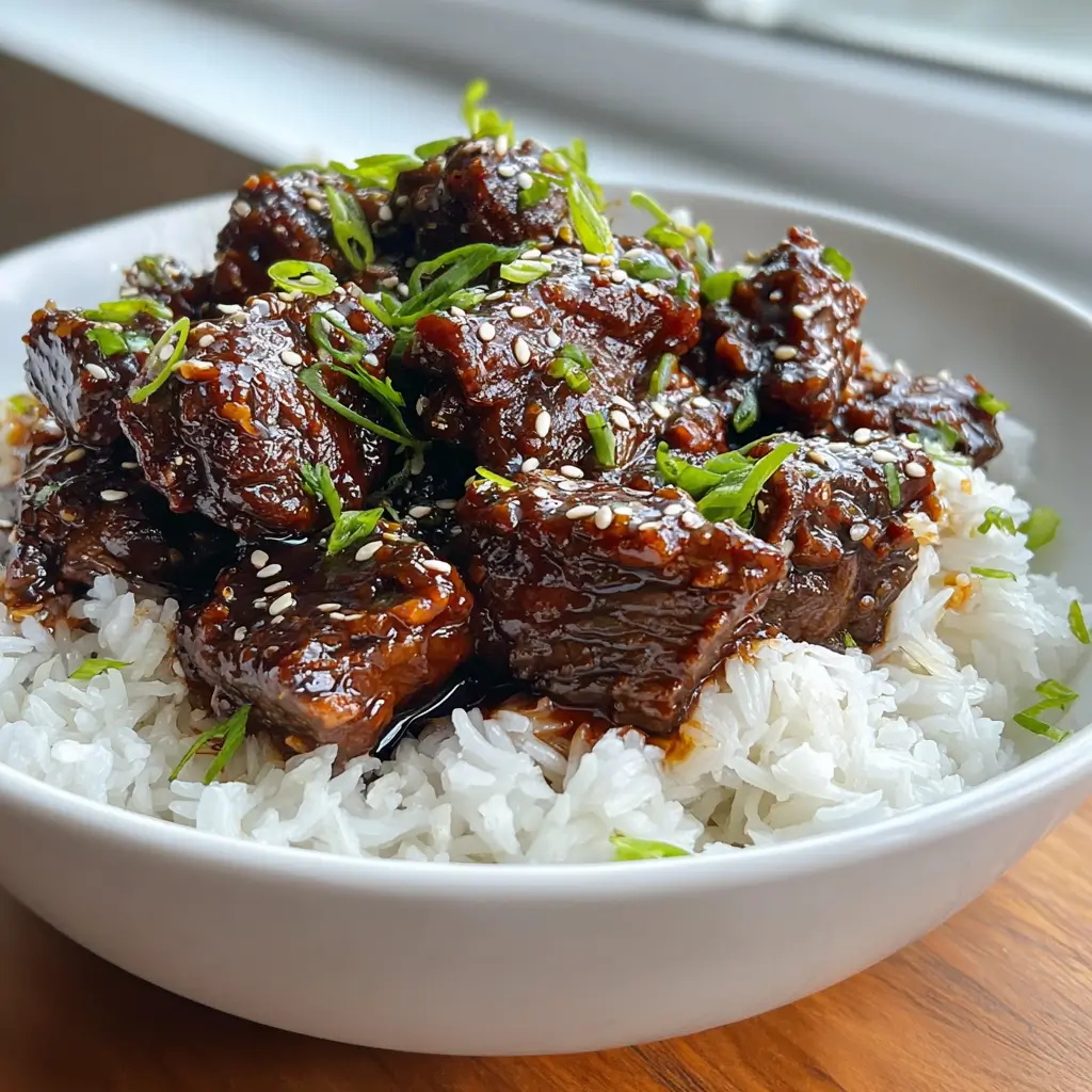 Serving Crockpot Korean-Style Gochujang Pot Roast over rice with sesame seeds and green onions.