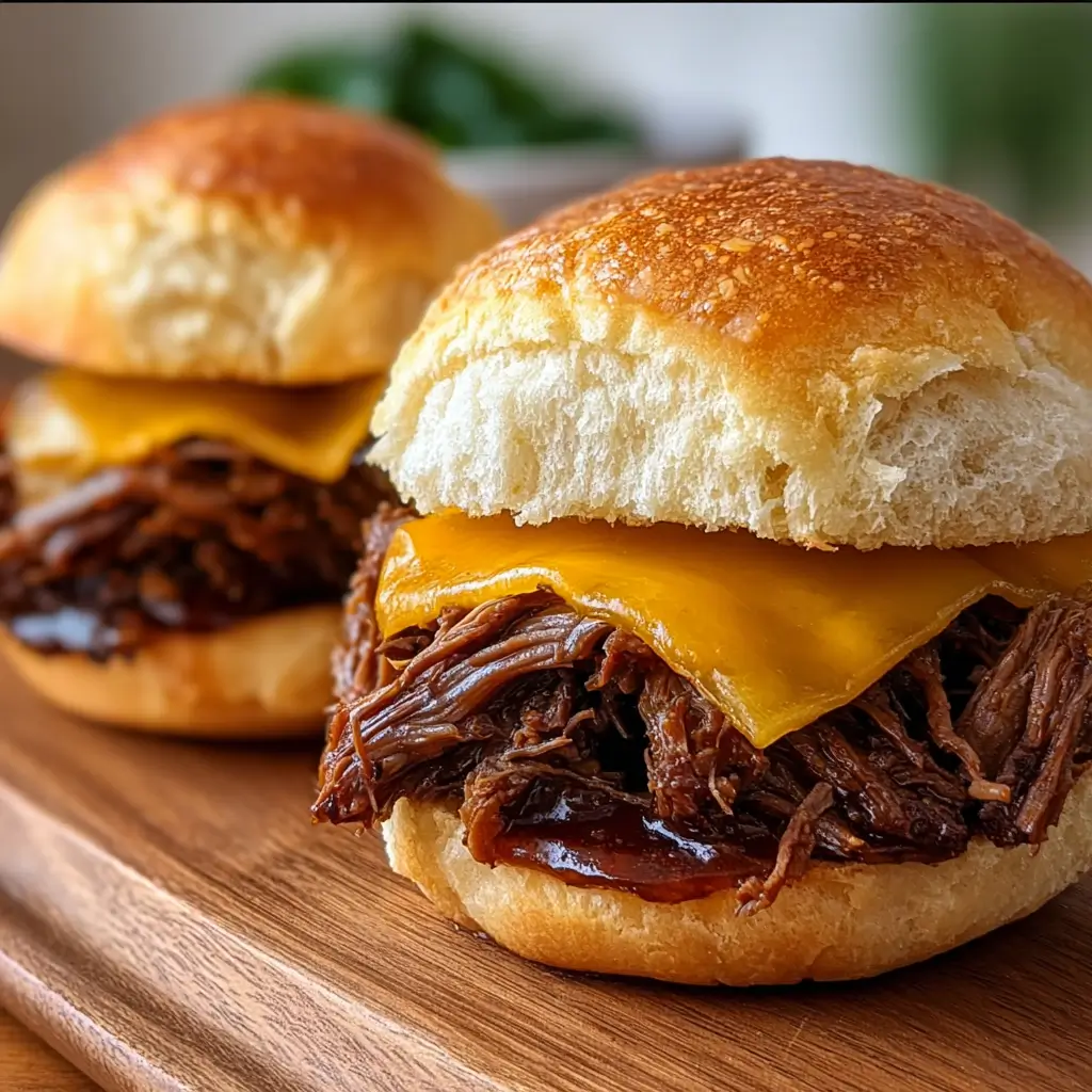 Slow Cooker Beef and Cheddar Sandwiches on brioche buns with melted cheese