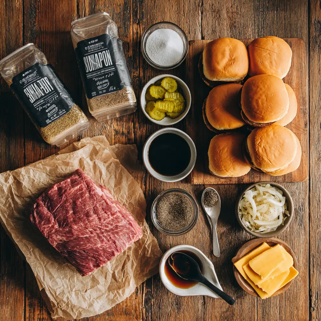 Ingredients for Slow Cooker Beef & Cheddar Sandwiches on wooden counter