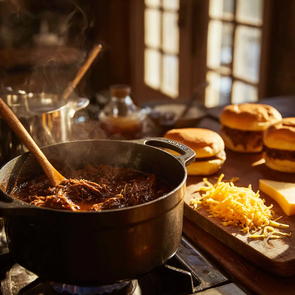 Reheating Slow Cooker Beef and Cheddar Sandwiches in saucepan with steam rising
