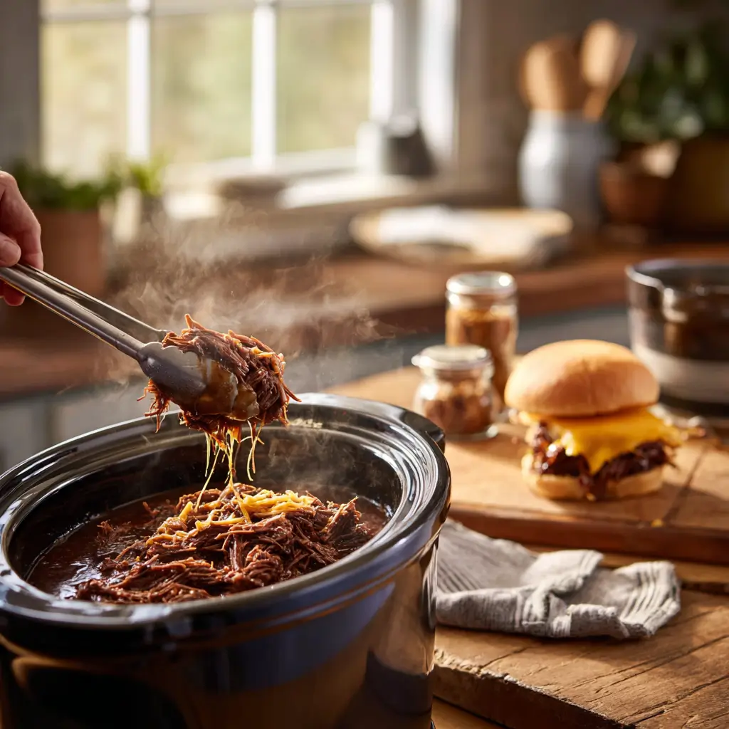 Step-by-step process of making Slow Cooker Beef & Cheddar Sandwiches