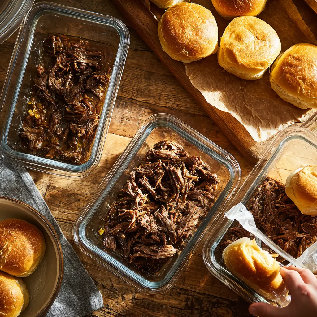 Storing Slow Cooker Beef and Cheddar Sandwiches in glass containers