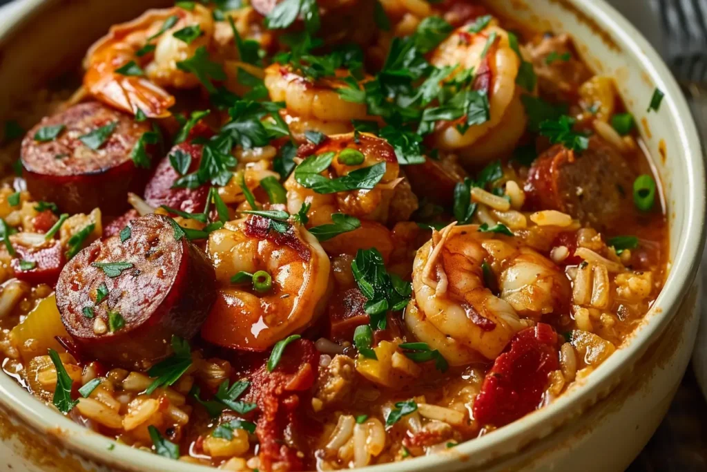 Slow Cooker Jambalaya final dish with chicken, sausage, and rice