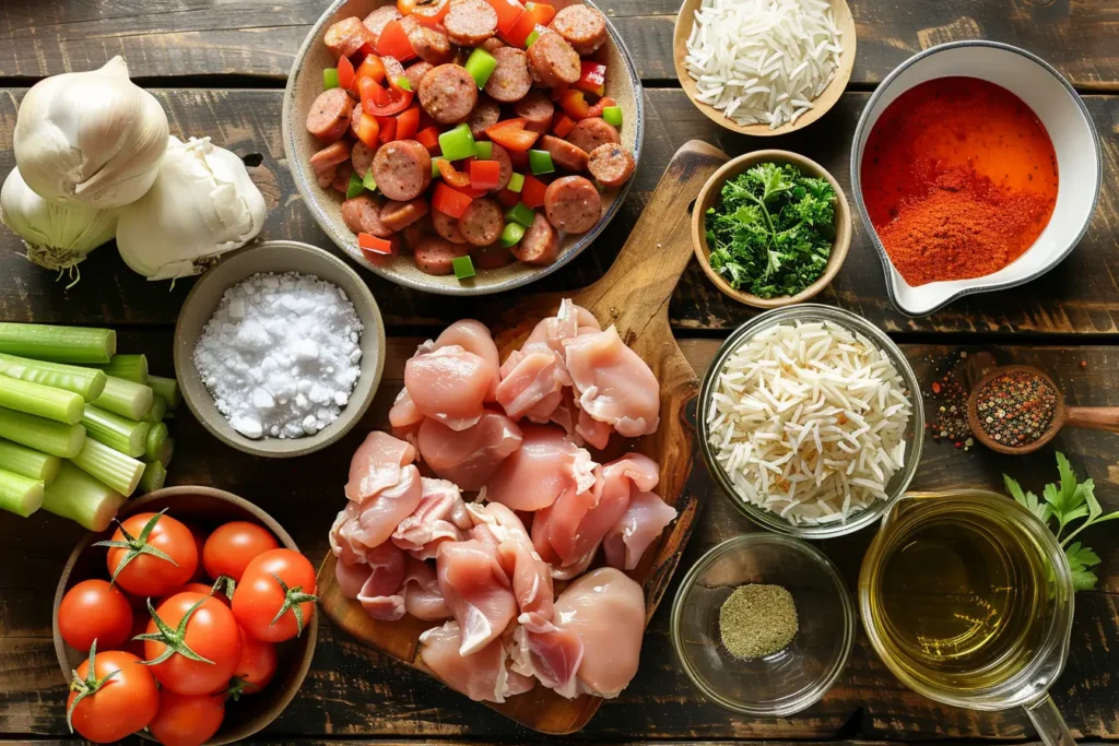 Slow Cooker Jambalaya ingredients flat lay on wooden table