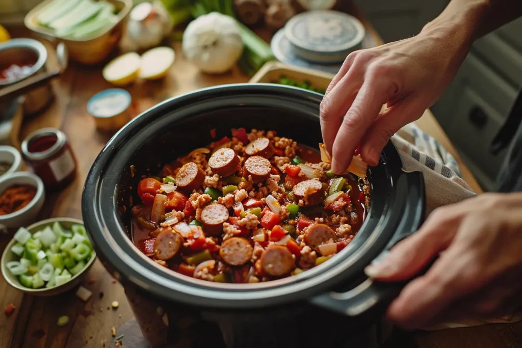 Slow Cooker Jambalaya ingredients being added to the slow cooker
