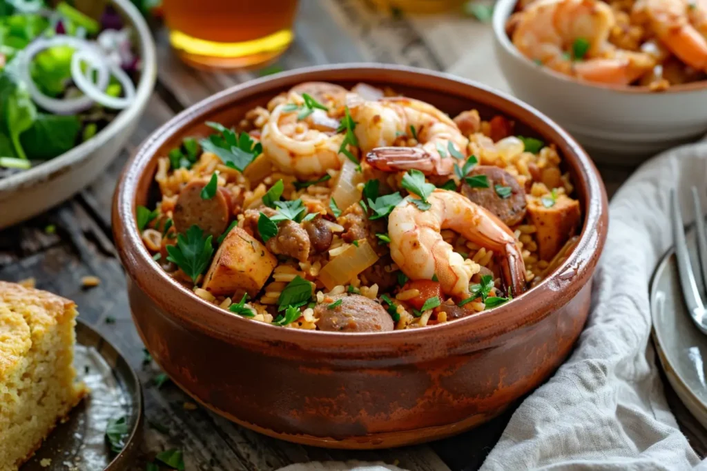 Serving suggestion for Slow Cooker Jambalaya with cornbread, fresh salad, and iced tea.