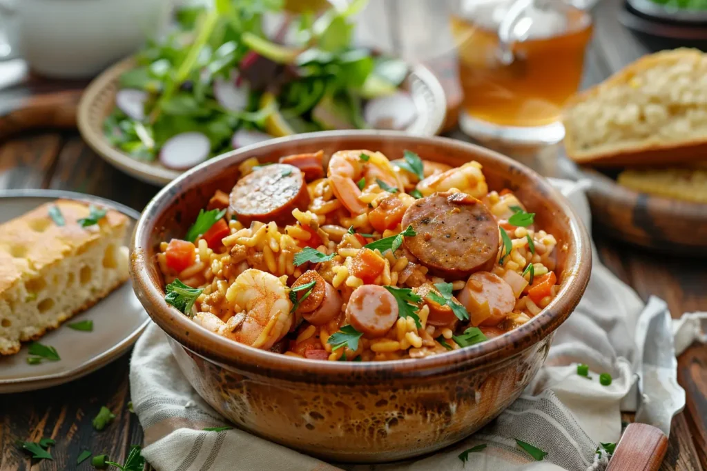 Slow Cooker Jambalaya served with cornbread, salad, and iced tea Idea 1