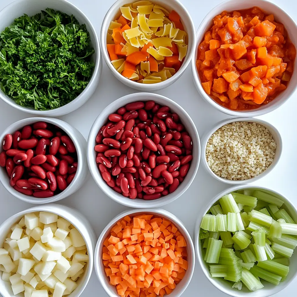Slow Cooker Olive Garden Pasta e Fagioli ingredients arranged neatly on white background