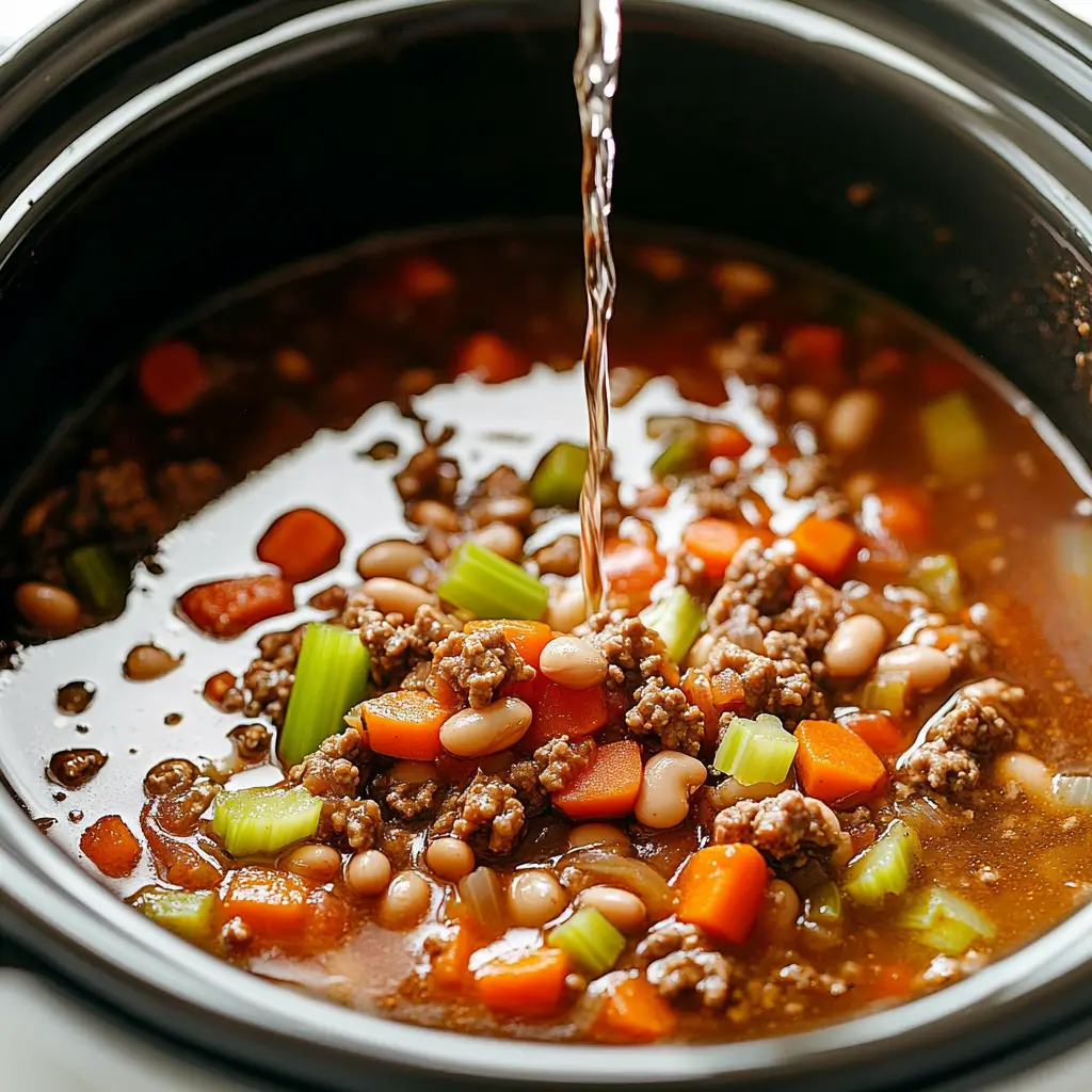 Preparation of Slow Cooker Olive Garden Pasta e Fagioli with ground beef, vegetables, and beans in slow cooker