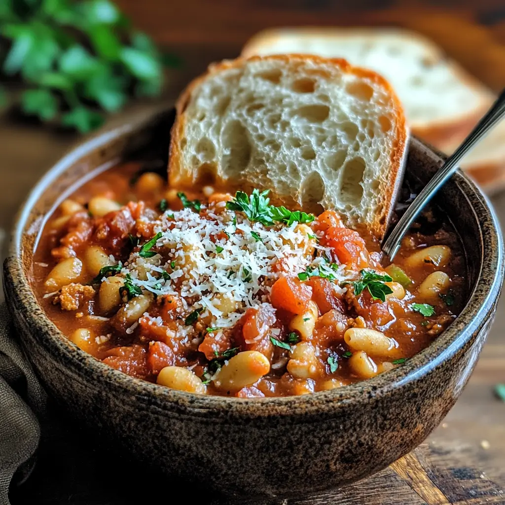 Slow Cooker Olive Garden Pasta e Fagioli served with Parmesan and crusty bread