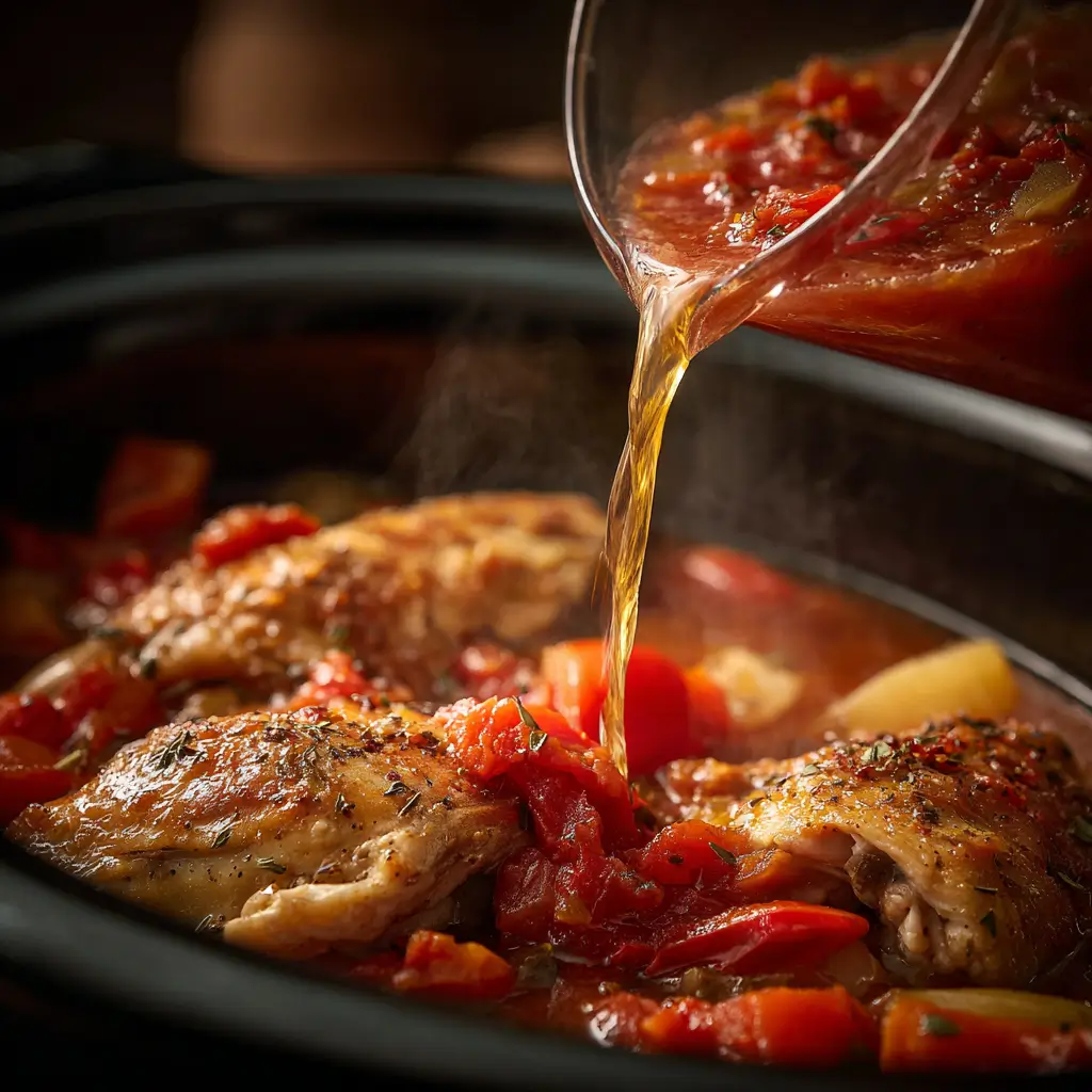 Pouring crushed tomatoes and broth over chicken and vegetables in a slow cooker