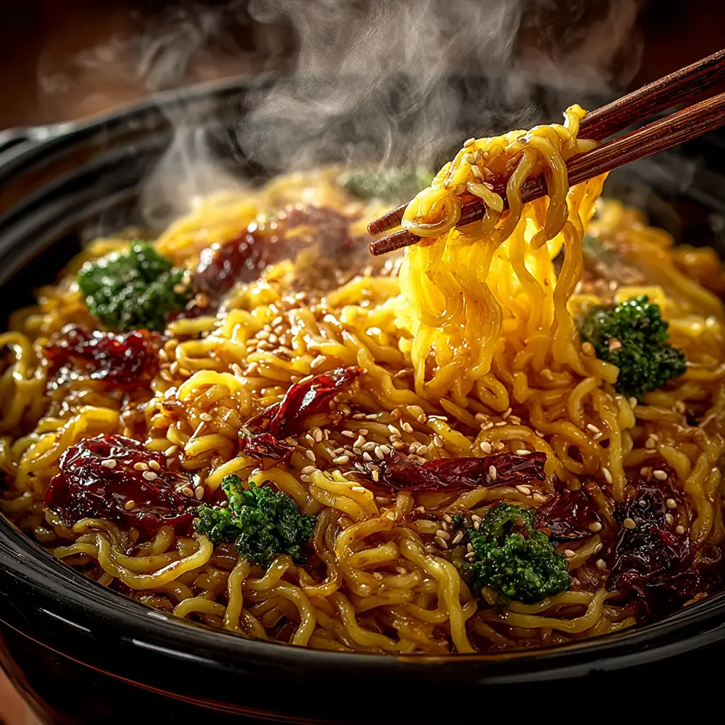 Stirring noodles into Crockpot Beef Lo Mein
