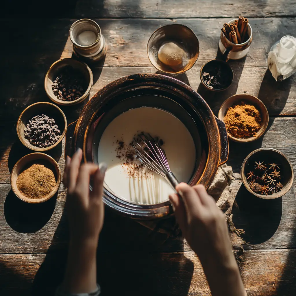 Mixing ingredients for Crockpot Gingerbread Hot Chocolate