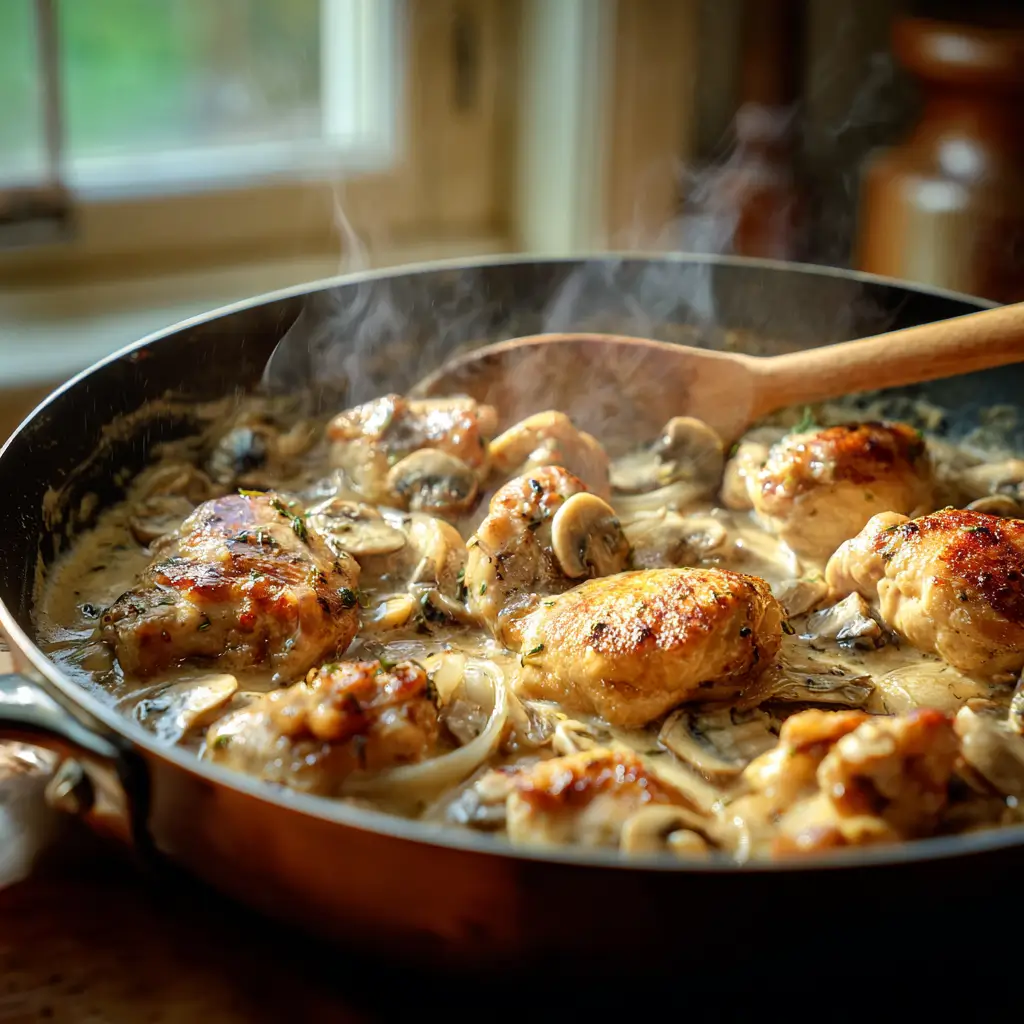 Preparing Creamy Chicken & Mushroom One Pot in a skillet