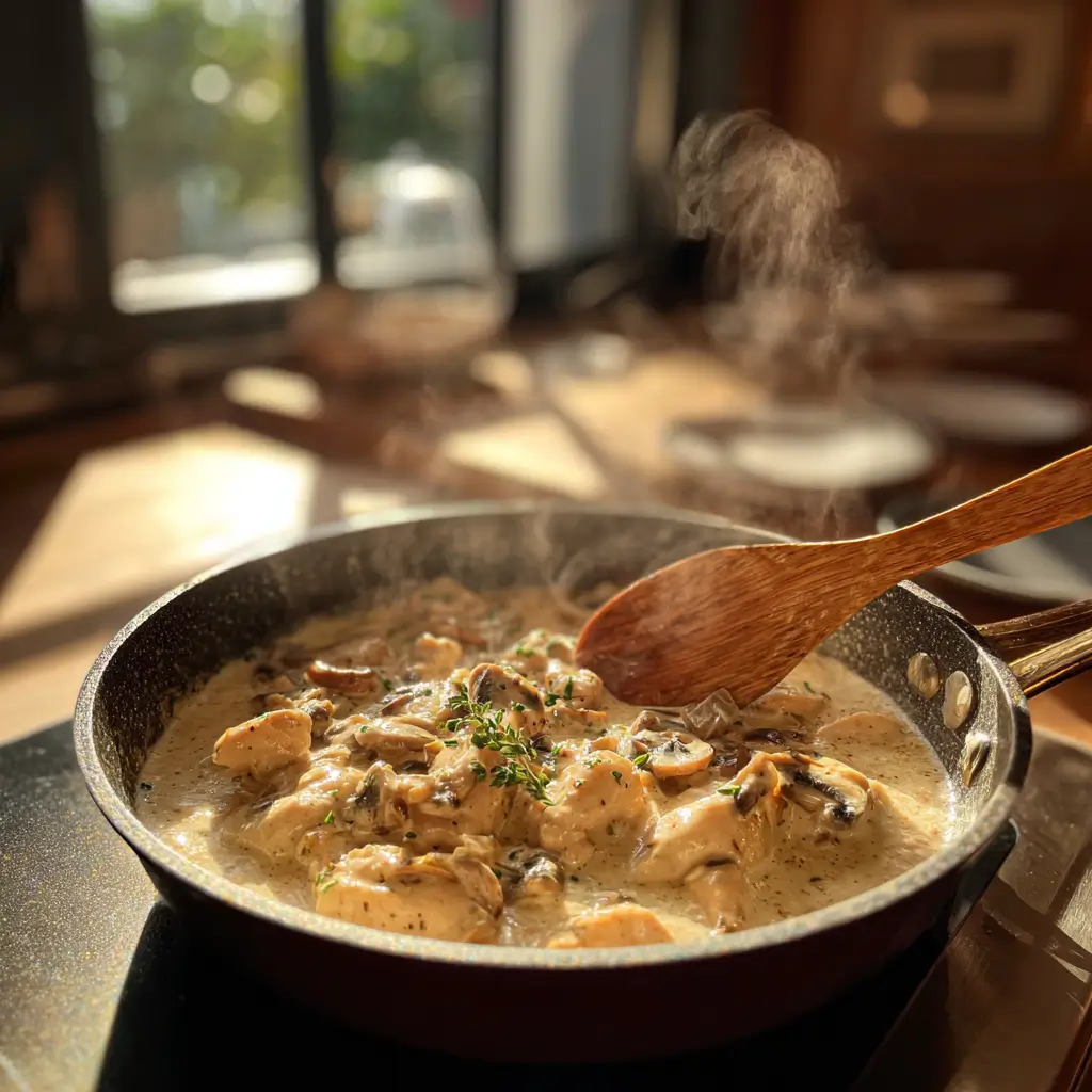 Reheating Creamy Chicken and Mushroom One Pot on the stove