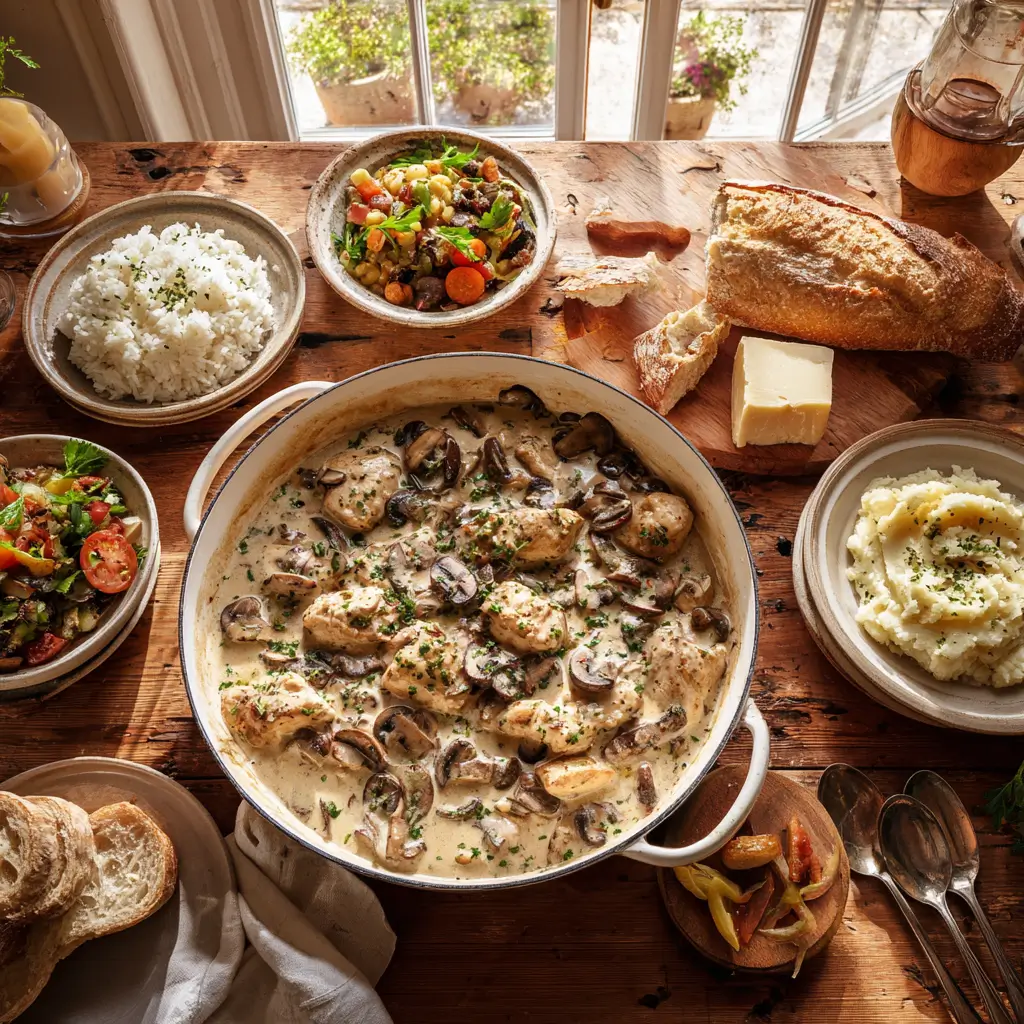 Creamy Chicken and Mushroom One Pot served with sides on a wooden table