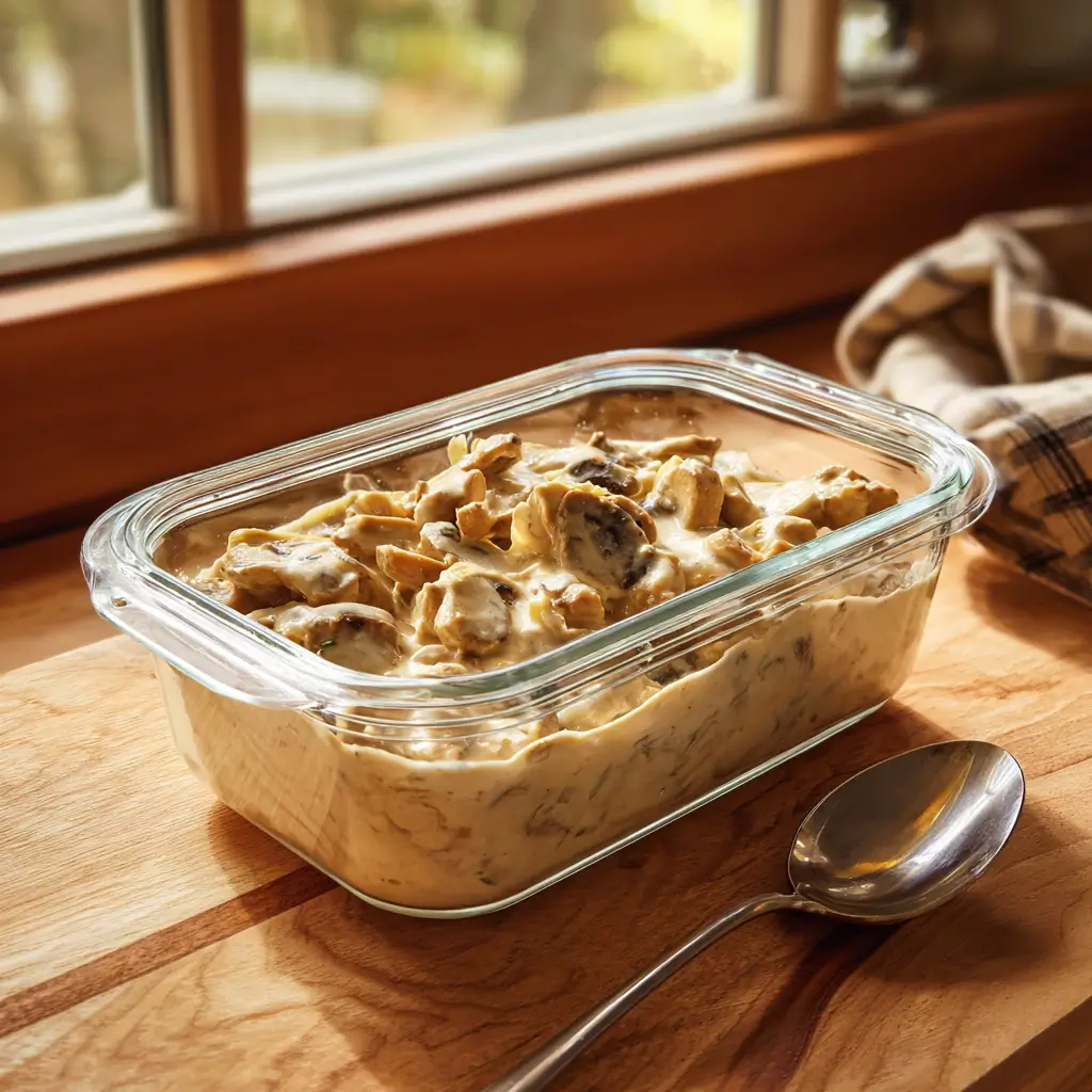 Storing leftover Creamy Chicken and Mushroom One Pot in glass containers