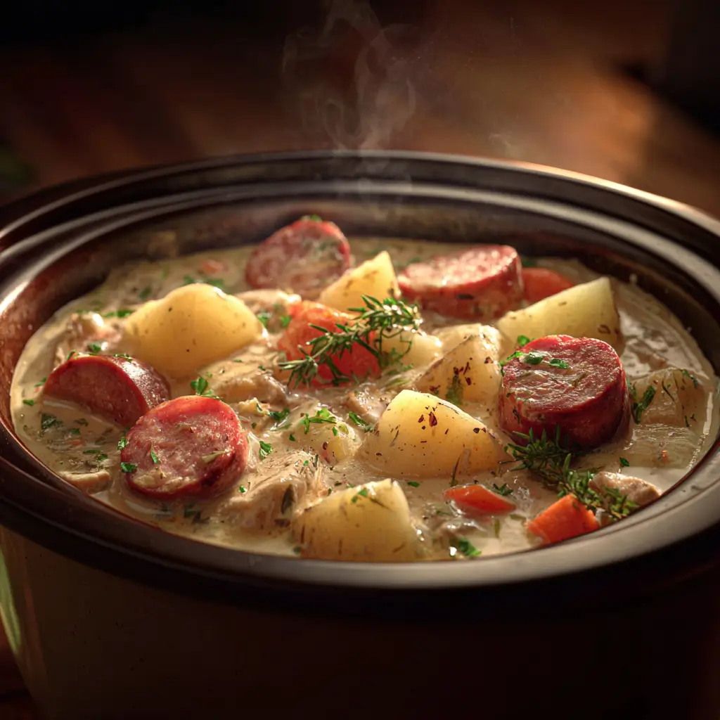 creamy sausage and potato stew cooking in slow cooker