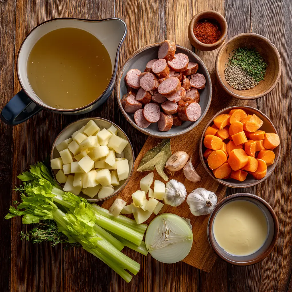 creamy sausage and potato stew ingredients on table