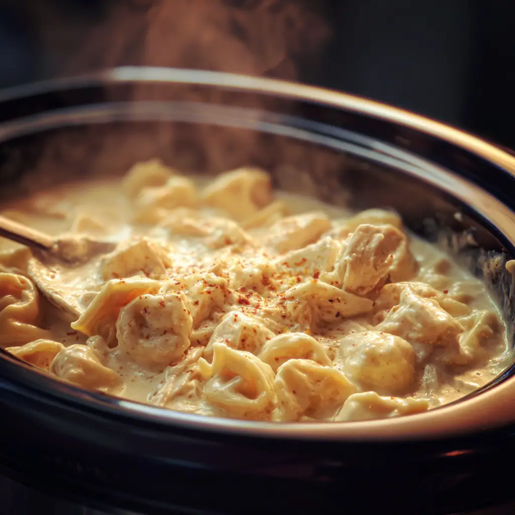 Stirring Crockpot Chicken Alfredo Tortellini in creamy Alfredo sauce