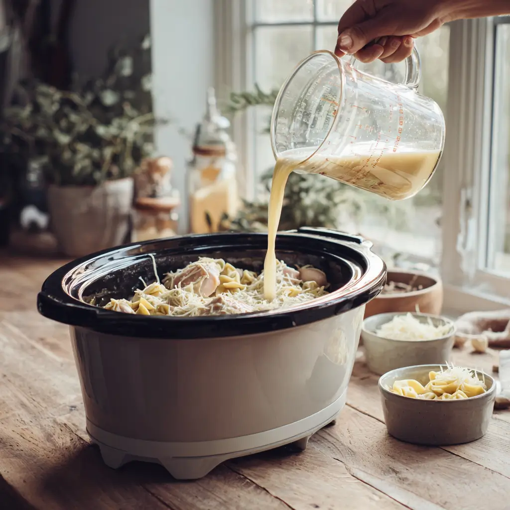 Preparing Crockpot Chicken Alfredo Tortellini in a slow cooker