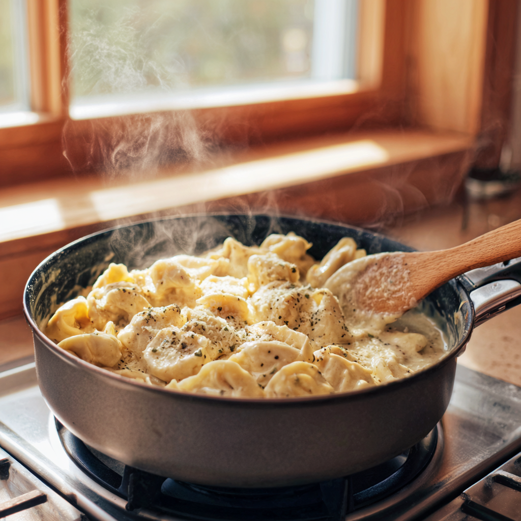 Reheating Crockpot Chicken Alfredo Tortellini on the stove