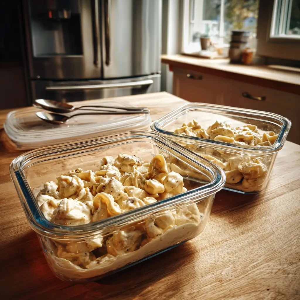 Storing leftover Crockpot Chicken Alfredo Tortellini in meal prep containers