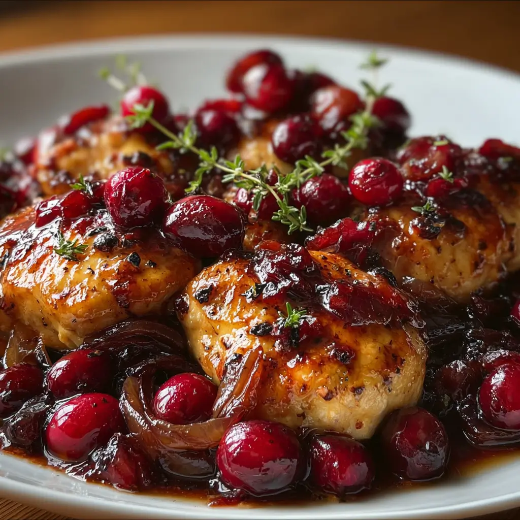 crockpot chicken with cranberries & caramelized onions served on a white plate