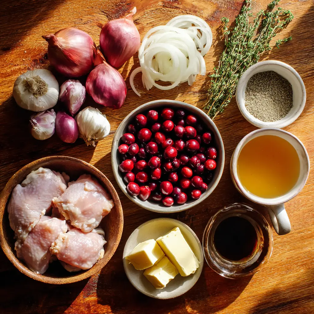 ingredients for crockpot chicken with cranberries and caramelized onions on wooden counter