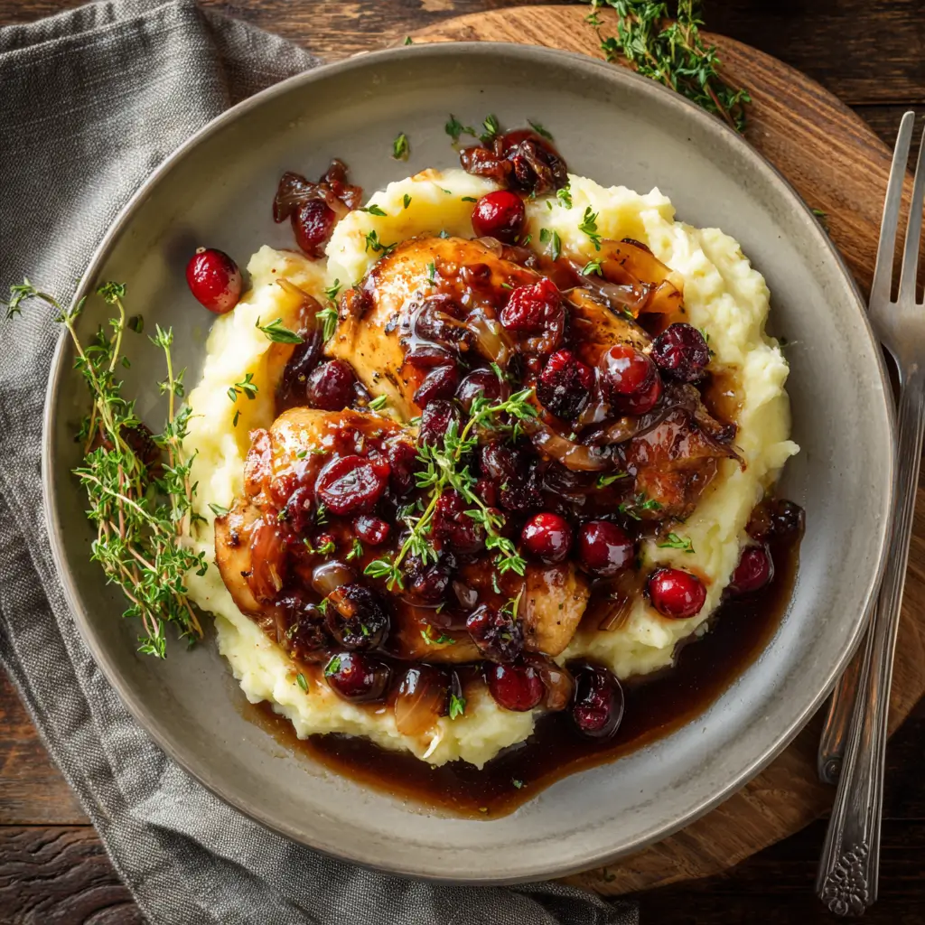 crockpot chicken with cranberries and caramelized onions served with mashed potatoes