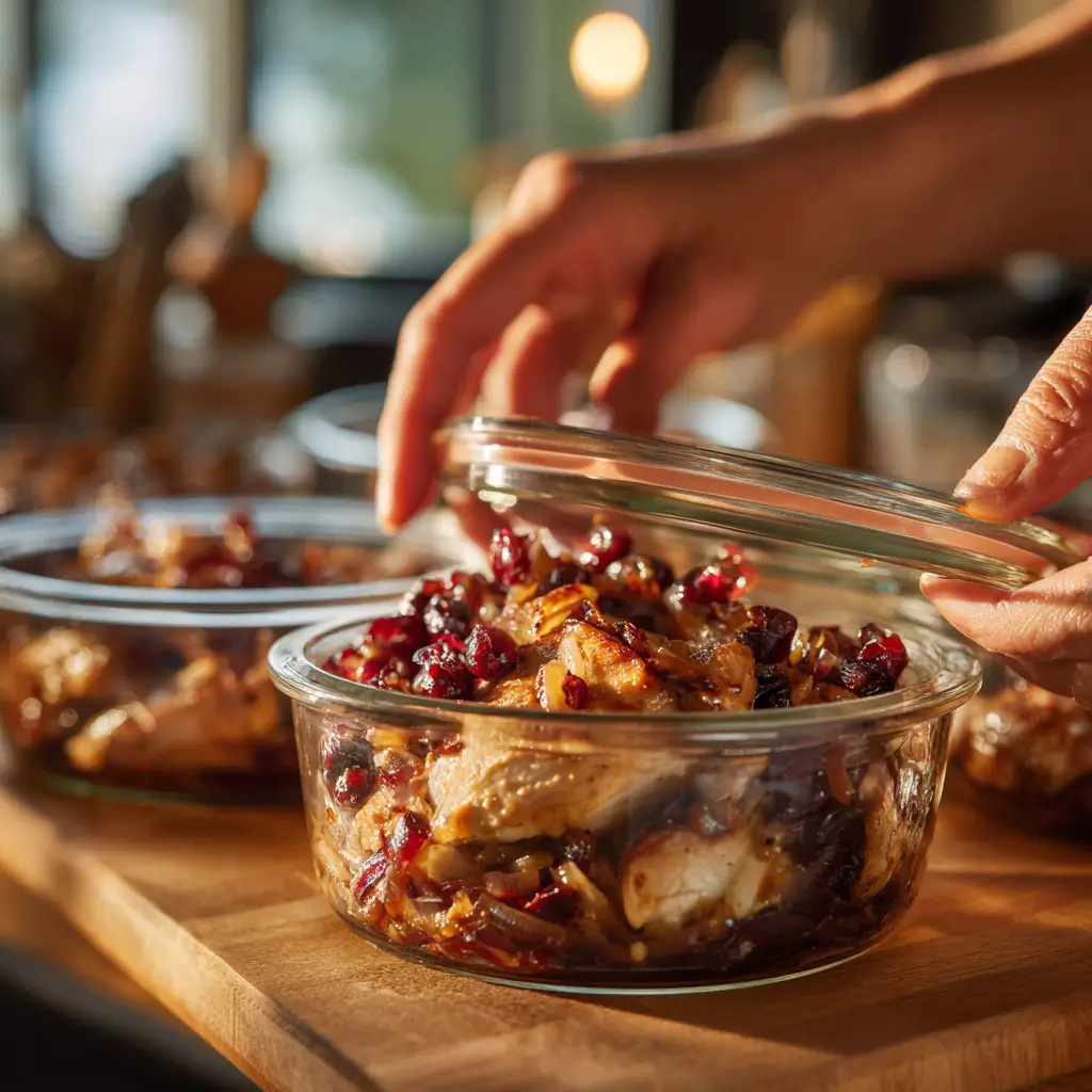 storing leftover crockpot chicken with cranberries and caramelized onions in glass containers