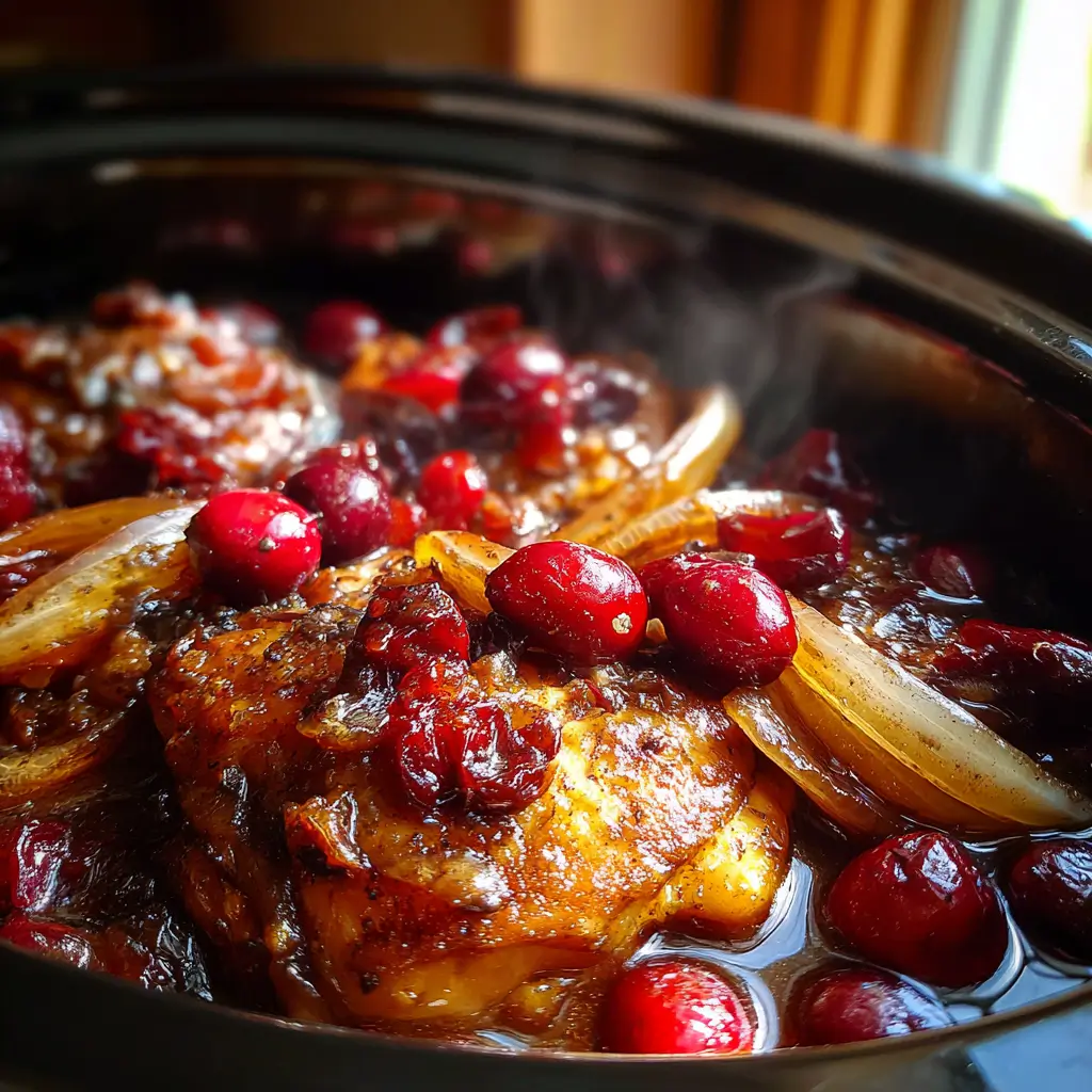 crockpot chicken with cranberries and caramelized onions cooking in slow cooker