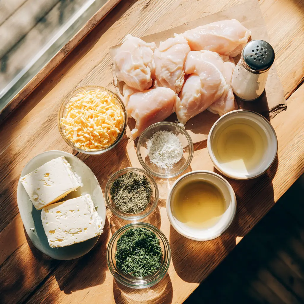 Crockpot Crack Chicken ingredients laid out on a kitchen counter