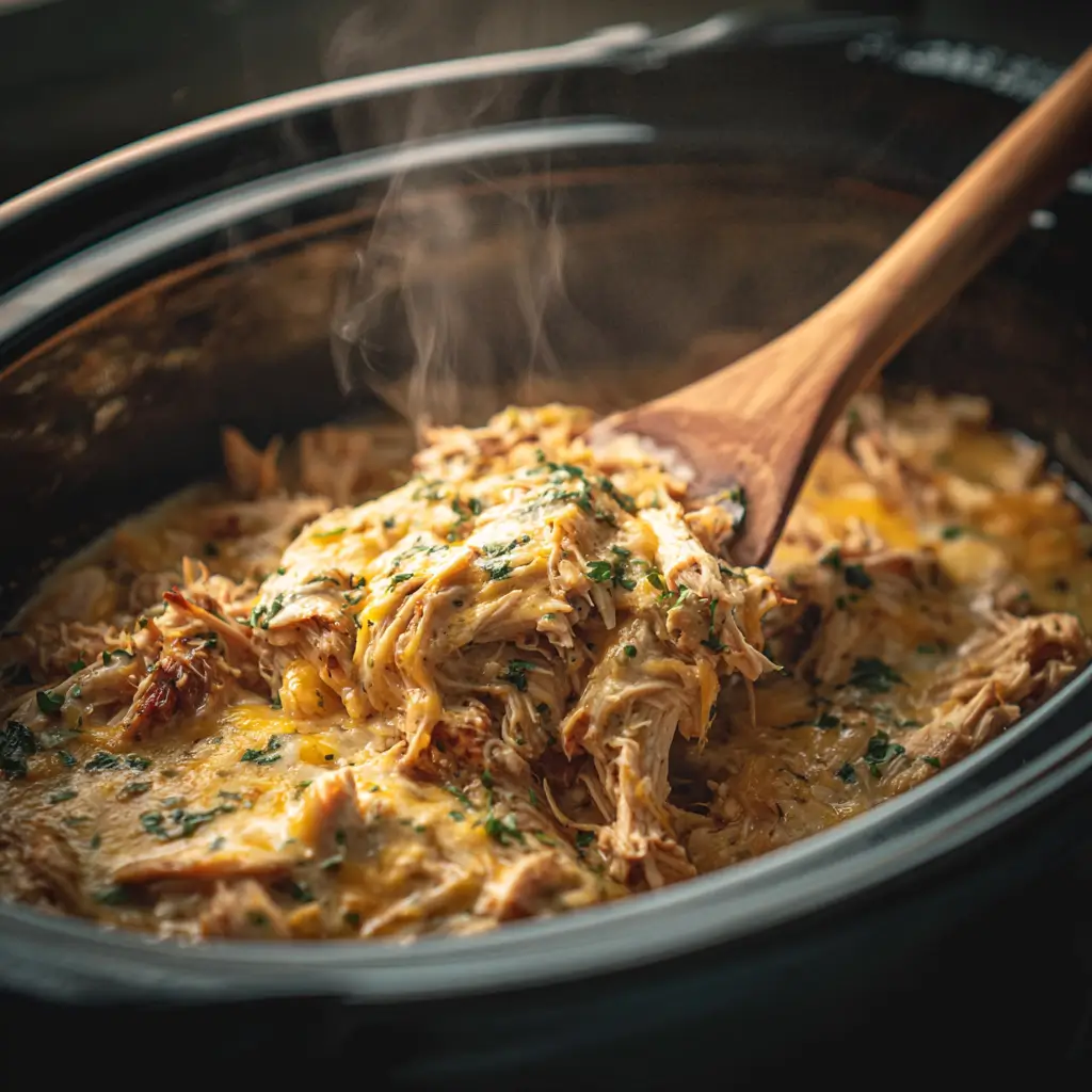 Shredding Crockpot Crack Chicken in the slow cooker