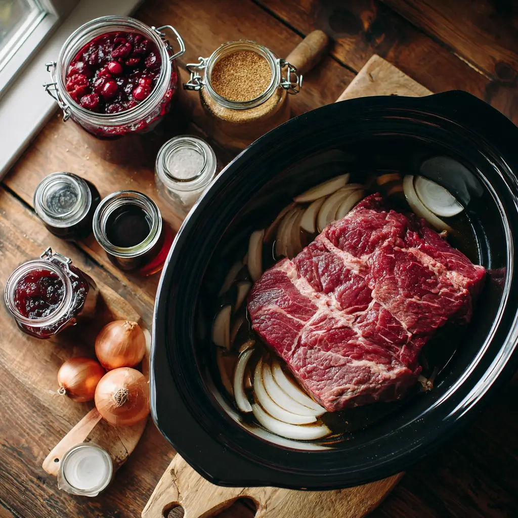 preparing crockpot cranberry balsamic beef roast with onions and sauce ingredients