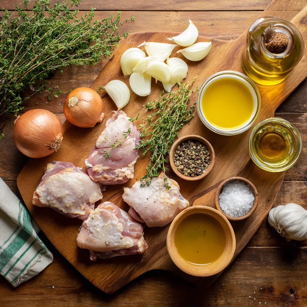 ingredients for crockpot dijon chicken with shallots and thyme on wooden counter