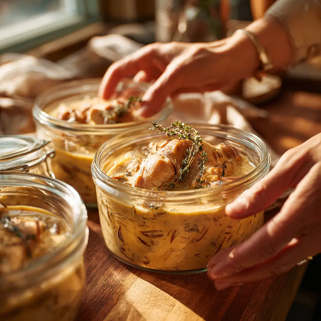 storing leftover crockpot dijon chicken with shallots and thyme in glass containers