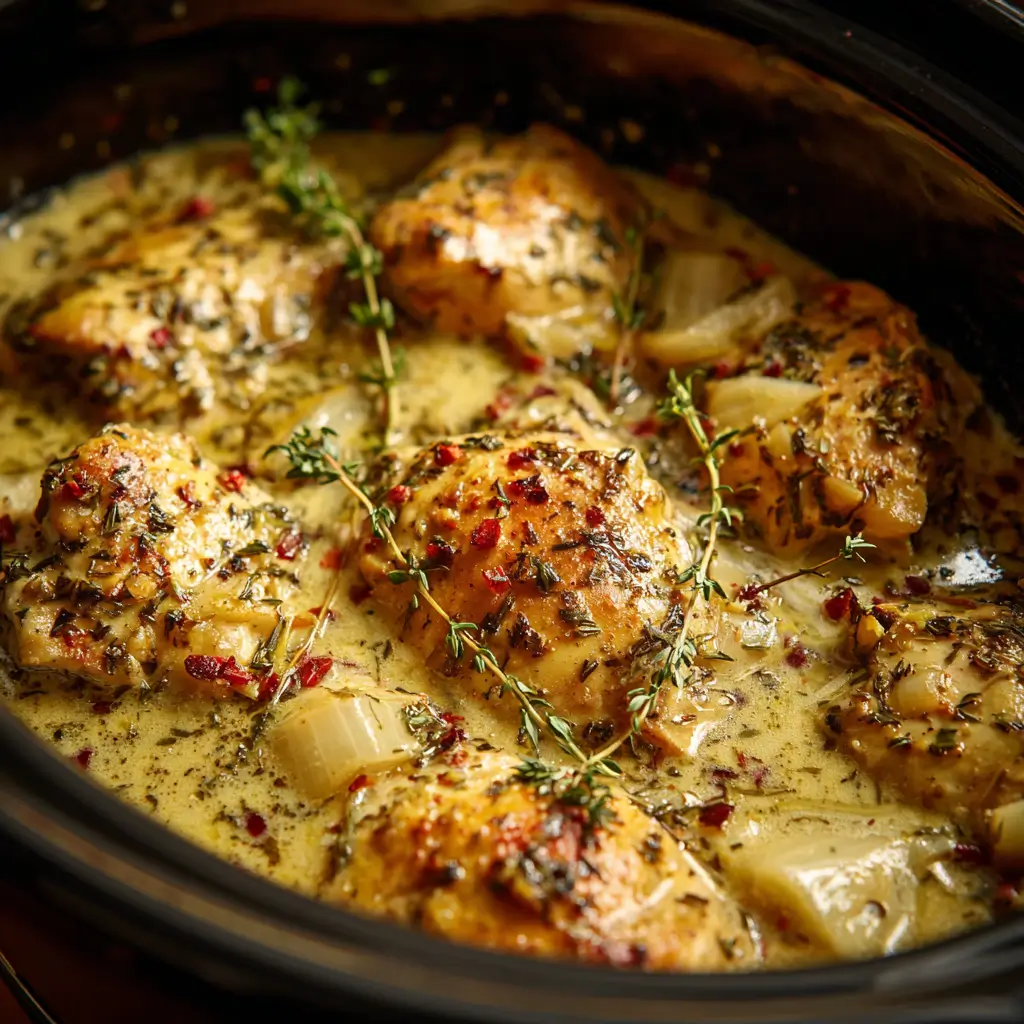 crockpot dijon chicken with shallots and thyme cooking in slow cooker