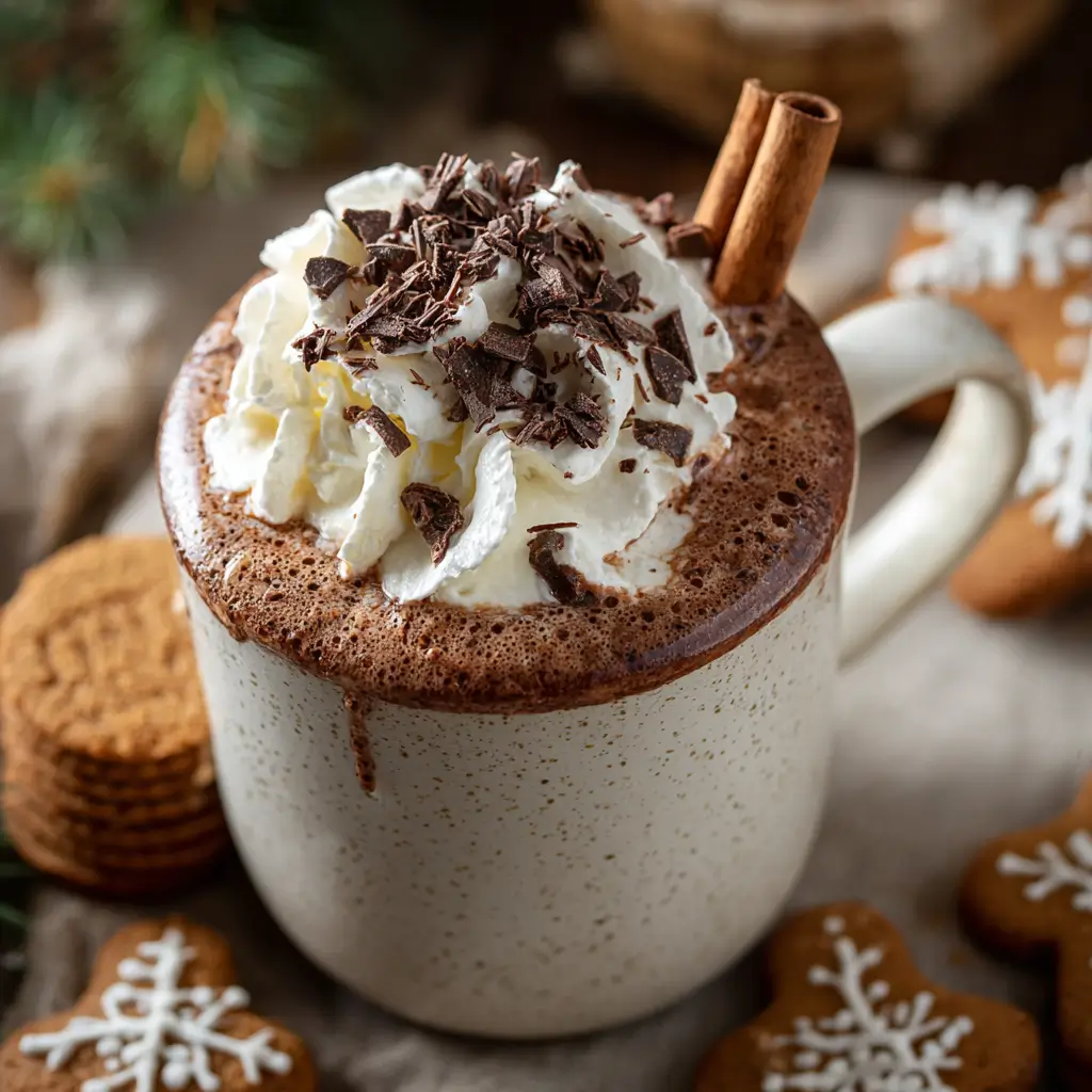 Mug of Crockpot Gingerbread Hot Chocolate with whipped cream and cookies