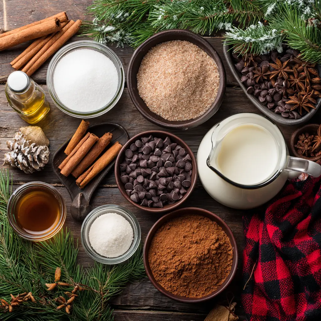Overhead view of Crockpot Gingerbread Hot Chocolate ingredients on rustic table